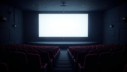 Fototapeta premium An empty cinema hall with rows of seats, a large white screen, and subtle lighting, ideal for advertising.
