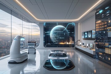 The lab features sleek, modern design elements with advanced technology. Large screens display data and a holographic globe, set against a stunning city skyline at dusk
