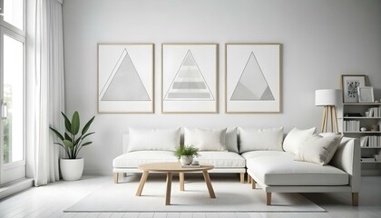 Three minimalist geometric triangle artworks on a white wall above a white sofa and wooden coffee table in a modern living room