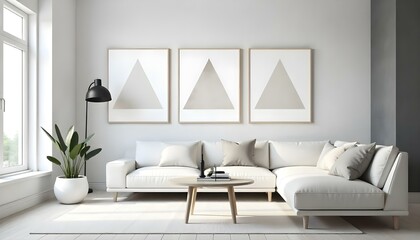Three minimalist geometric triangle artworks on a white wall above a white sofa and wooden coffee table in a modern living room