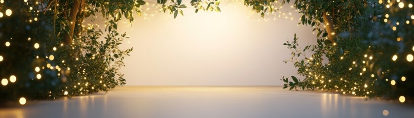 A serene space with glowing lights and greenery, perfect for events or photography.