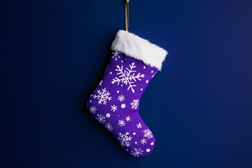 Purple Christmas stocking with white snowflakes is hanging on a blue background