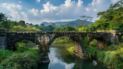 Fototapeta premium Ancient stone bridge over a scenic river in a lush landscape