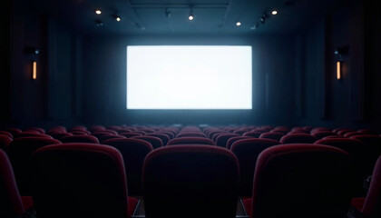 Fototapeta premium An empty cinema hall with rows of seats, a large white screen, and subtle lighting, ideal for advertising.