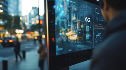 Obraz premium Dynamic 6G Text on Smart City Control Screen Monitoring Infrastructure in Real-Time