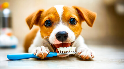 A small, brown and white dog is brushing its teeth with a toothbrush and toothpaste