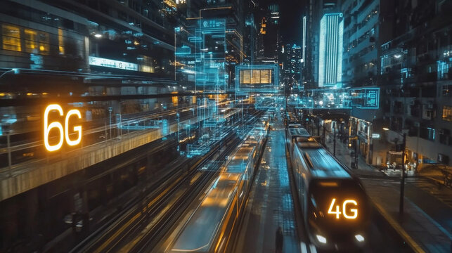 Futuristic 6G augmented reality over smart city with modern transportation and buildings at night - Powered by Adobe