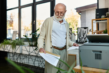 A professional senior man with a beard examines documents in a stylish office surrounded by plants.
