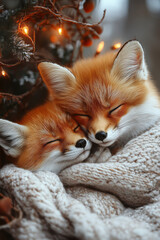 Fototapeta premium Romantic Christmas shot of two foxes nestled together in an oak, softly illuminated, with a cozy festive color palette,