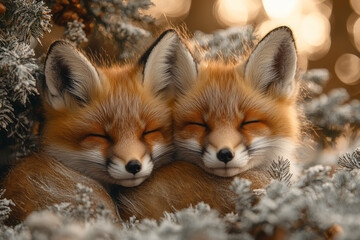 Fototapeta premium Wide-frame holiday shot of foxes in an oak, heads together, under soft lighting with harmonious Christmas hues,