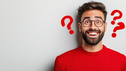 Man with glasses and a red shirt is smiling and looking at the camera. The image has a playful and lighthearted mood, as the man's smile and the red shirt suggest a sense of fun and enjoyment