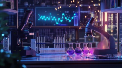 Obraz premium Biology lab background with molecular biology instruments, test tubes, and cell culture