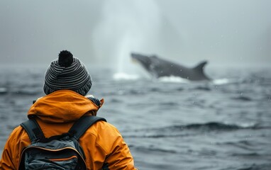 Amazed person seeing whale in Patagonia, Canada or Antarctica, back view, copy space. Bucket list lifestyle, epic wanderlust adventure, must see, experiences, dreams, daring, thrill seeking concept