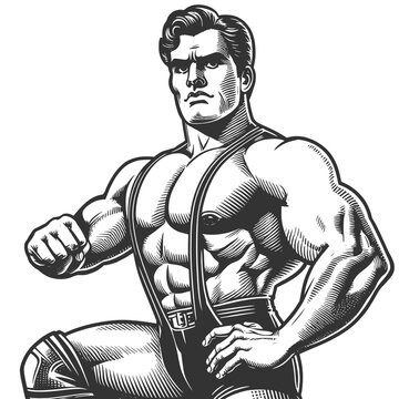 recommend clip art: muscular vintage wrestler strongman posing confidently, evoking classic strength and power sketch engraving generative ai raster illustration. Scratch board imitation. Black and white image.