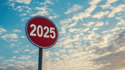 A red sign displaying the year "2025" against a backdrop of a colorful sky with fluffy clouds.