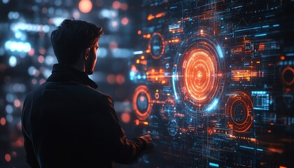 Businessman engaged with digital icons of gears, target, and financial growth, representing modern business planning and success
