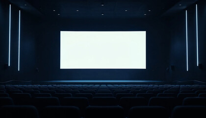 Fototapeta premium An empty cinema hall with rows of seats, a large white screen, and subtle lighting, ideal for advertising.