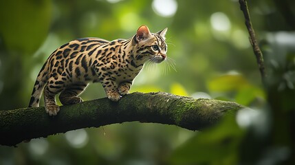 A Bengal cat with a spotted coat stands on a mossy tree branch in a lush green forest, looking to the right.