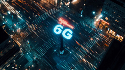 Holographic 6G Text Hovering Above Smart City Intersection,Symbolizing Real-Time Communication and
