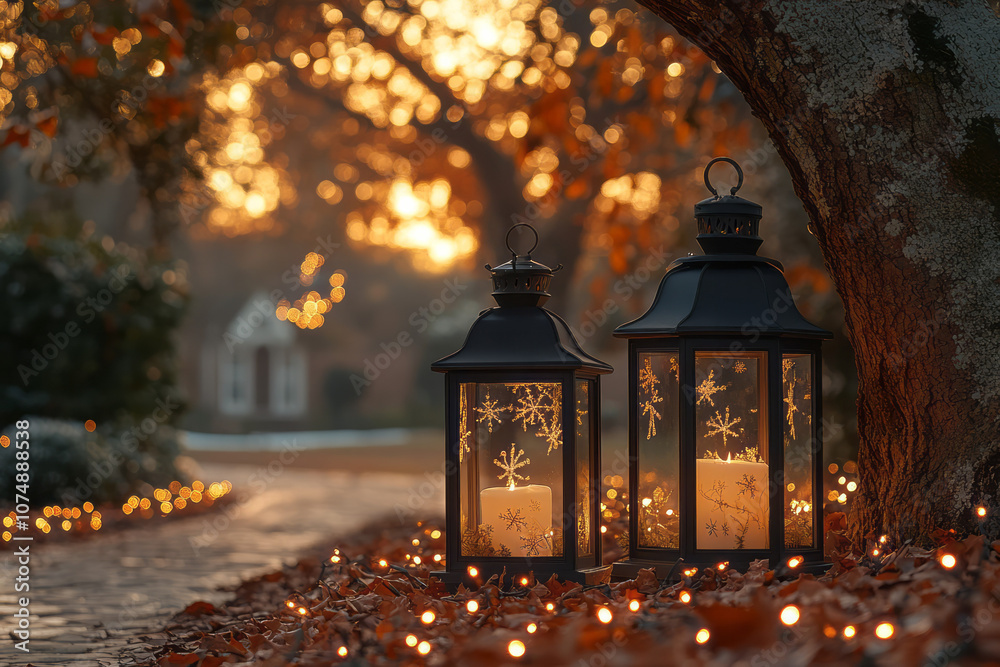 Poster wide-frame holiday shot of two lanterns nestled under an oak, their light casting soft shadows in ge