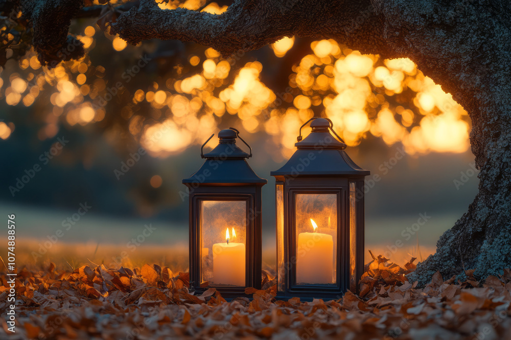 Poster wide-frame holiday shot of two lanterns nestled under an oak, their light casting soft shadows in ge