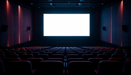 Fototapeta premium An empty cinema hall with rows of seats, a large white screen, and subtle lighting, ideal for advertising.