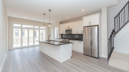 Modern Kitchen Interior with Stainless Steel Appliances and Black Countertops
