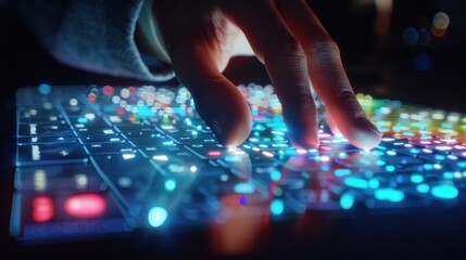 Fototapeta premium Close-up of a Hand Interacting with a Futuristic Keyboard