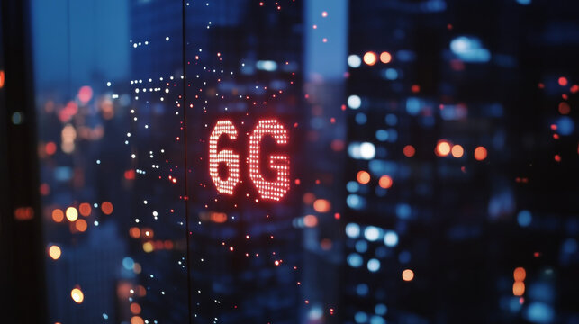 Glowing 6G Text Illuminated on Futuristic Smart City Skyscraper Depicting Advanced Urban