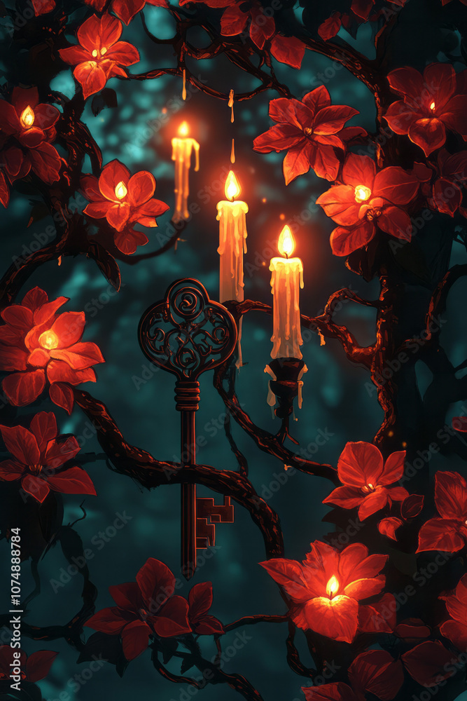 Poster retro-style drawing of two old-fashioned keys entwined on a branch, surrounded by warm candlelight a
