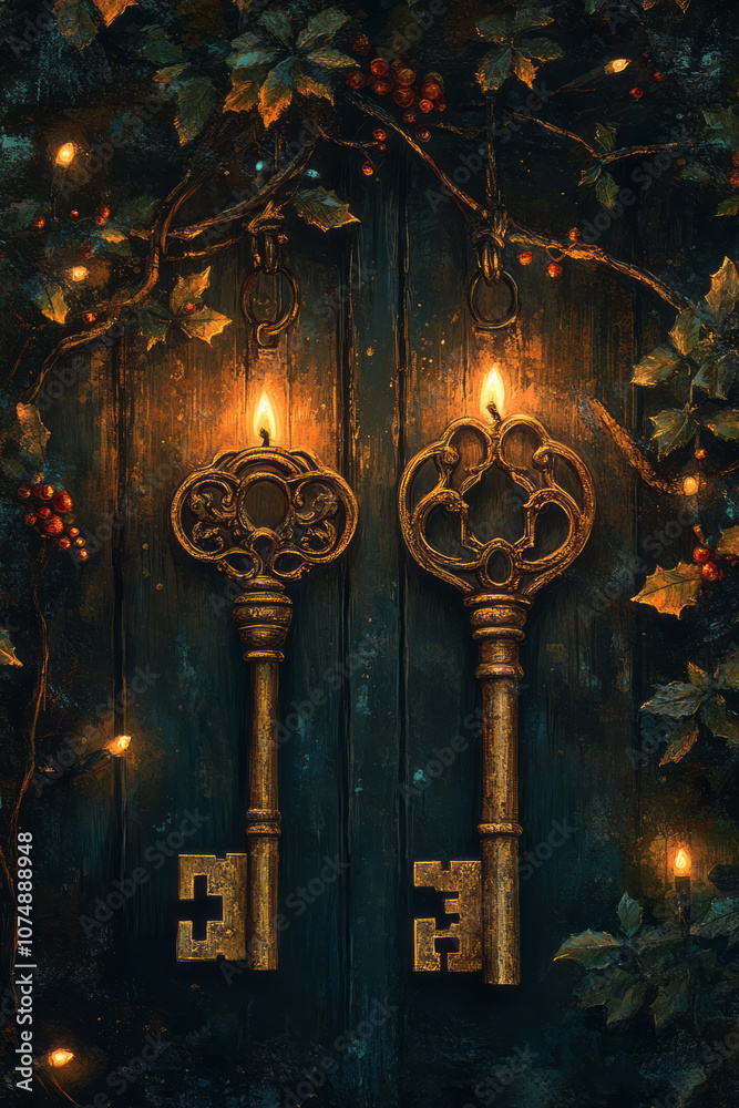 Poster retro-style drawing of two old-fashioned keys entwined on a branch, surrounded by warm candlelight a