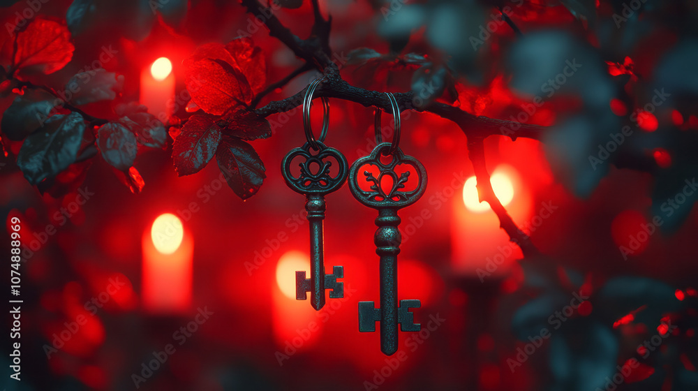 Aufkleber warm, nostalgic scene with two antique keys linked on an oak branch, lit by soft candlelight in red 
