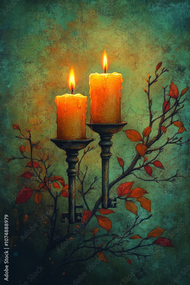 Poster retro-style drawing of two old-fashioned keys entwined on a branch, surrounded by warm candlelight a