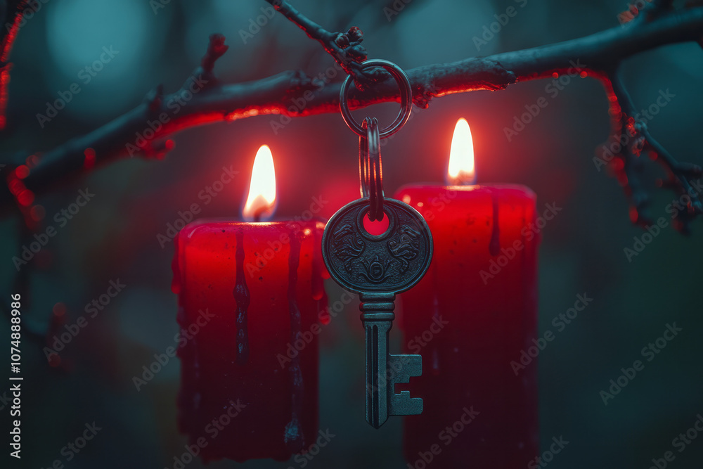 Poster Cozy, retro-inspired image of two old-fashioned keys on a branch, with candlelit shadows in a soft red and green palette,