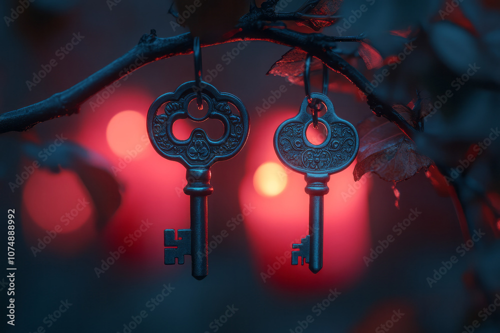 Poster Cozy, retro-inspired image of two old-fashioned keys on a branch, with candlelit shadows in a soft red and green palette,