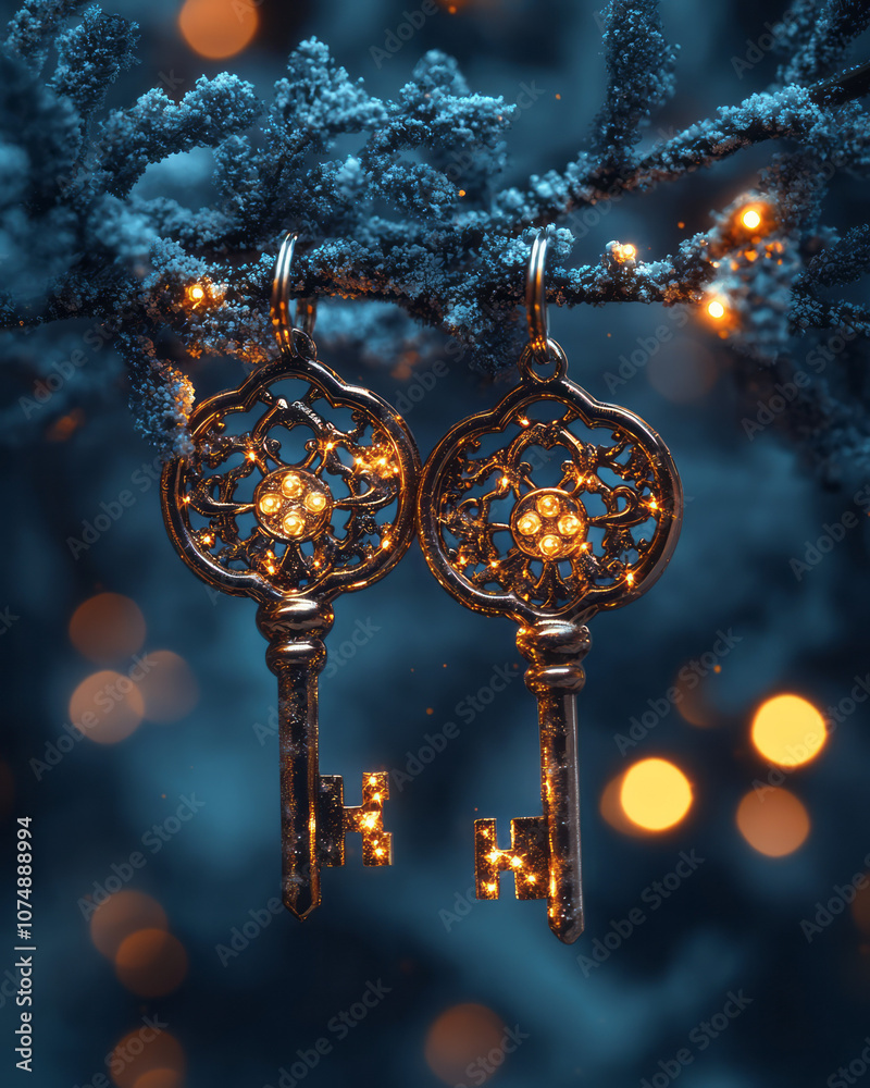Poster illustrated christmas scene with two intricately designed keys intertwined on a branch, glowing with