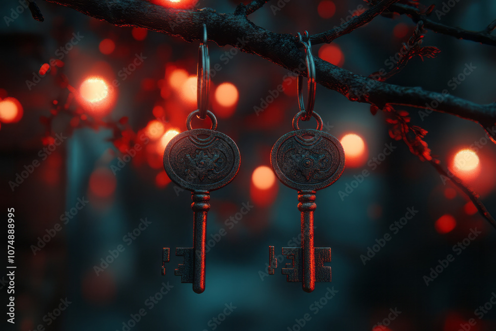 Poster Cozy, retro-inspired image of two old-fashioned keys on a branch, with candlelit shadows in a soft red and green palette,