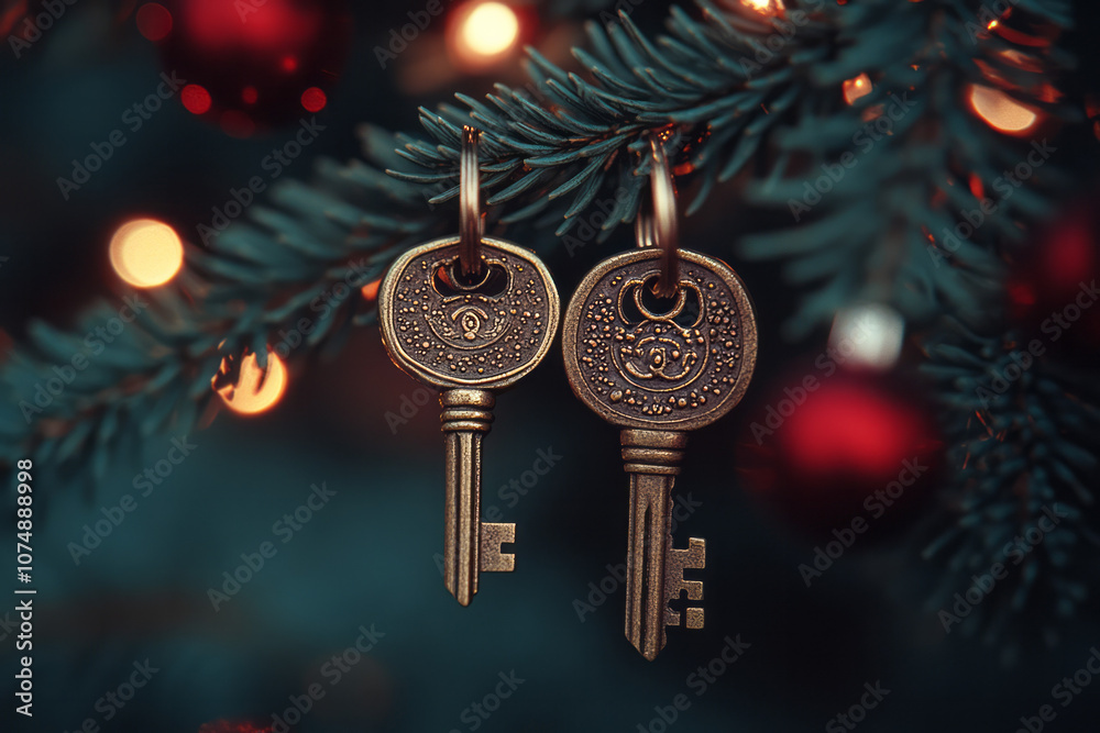 Poster classic, vintage-style christmas scene of two intertwined keys on a branch, softly illuminated with 