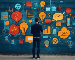 Businessman on phone, surrounded by bright and colorful startup sketch doodles, symbolizing business innovation and digital transformation