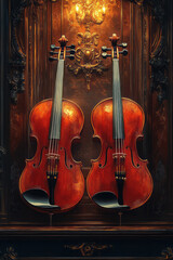 Naklejka premium Nostalgic illustration of two violins, gently crossed on a classic theater stage, with warm burgundy and golden hues,