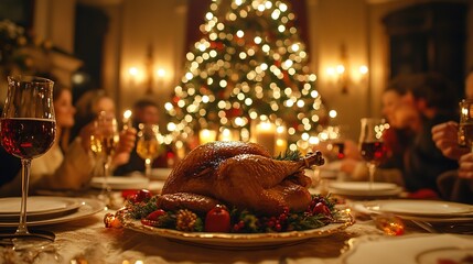 grand Christmas dinner with a beautifully set table, a roast turkey in the center, and family members clinking glasses and sharing stories in a warm, festive atmosphere.