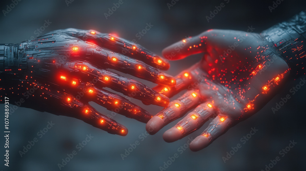 Poster Minimalist futuristic image of two hands about to touch, with electronic light patterns and glowing details in a cool color scheme,