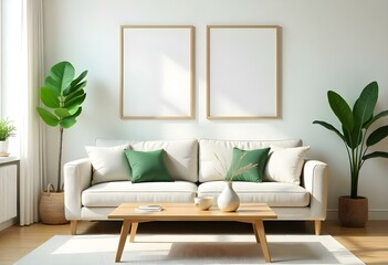 A modern living room with a beige sofa, green and white throw pillows, a wooden coffee table, and two empty frames on the wall.