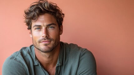 Obraz premium handsome caucasian man 30 years old on peach background with copy space