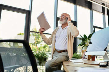 A polished senior executive leads a call, demonstrating style and leadership in a modern workspace.