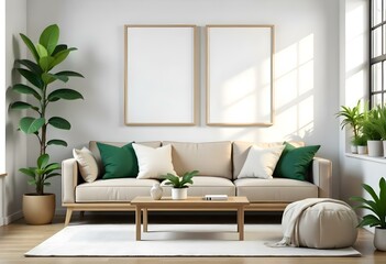 A modern living room with a beige sofa, green and white throw pillows, a wooden coffee table, and two empty frames on the wall.