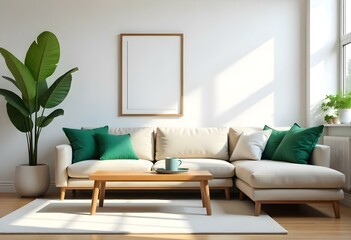 A modern living room with a beige sofa, green and white throw pillows, a wooden coffee table, and two empty frames on the wall.