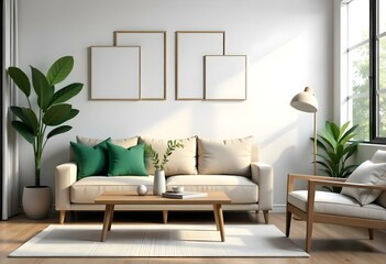 Fototapeta premium A modern living room with a beige sofa, green and white throw pillows, a wooden coffee table, and two empty frames on the wall.