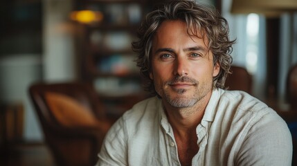 handsome caucasian man 40 years old with shoulder-length hair wearing beige shirt at home, portrait