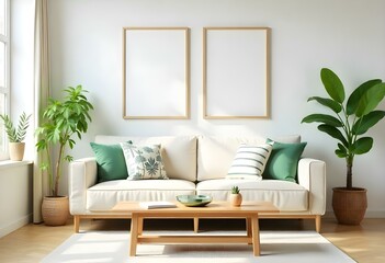 A modern living room with a beige sofa, green and white throw pillows, a wooden coffee table, and two empty frames on the wall.